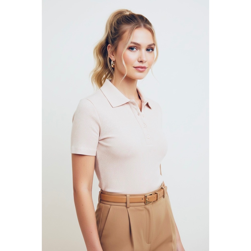 Zara Ribbed Short Sleeve Polo Shirt Beige Nude Size Medium Minimalist Core